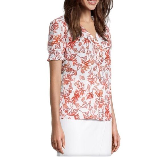 Liz Claiborne Coral Reef Women’s White Coral V Neck Short Sleeve Blouse sz PL - Picture 2 of 8